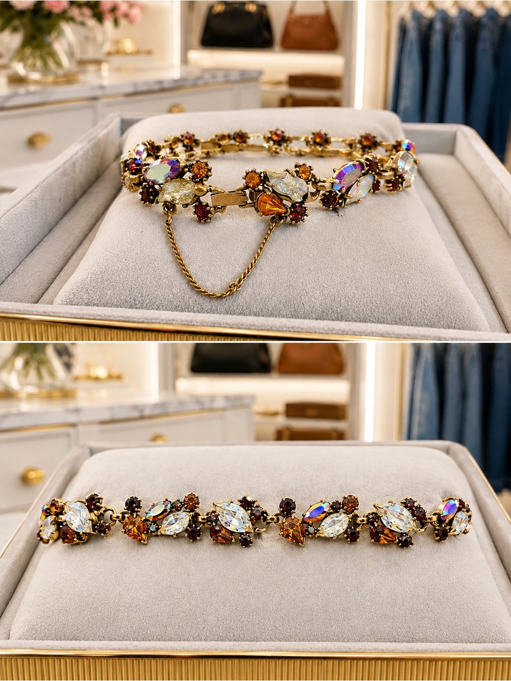 Hollycraft Antique Brass & Rhinestone Bracelet. Leaf, Teardrop Crystals | EUC